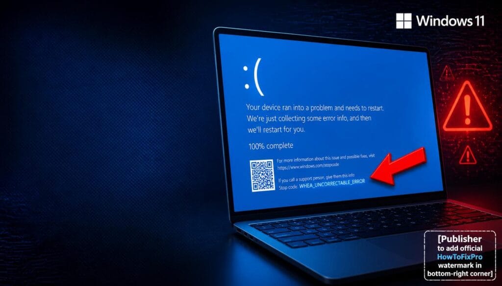 WHEA_UNCORRECTABLE_ERROR BSOD displayed on Windows 11 with stop code and sad face