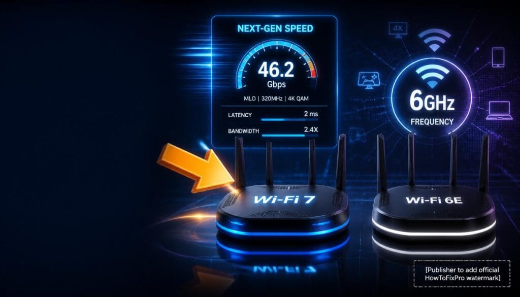 Wi-Fi 7 vs Wi-Fi 6E: Which should you choose? Comparison of two routers with speed and frequency indicators.