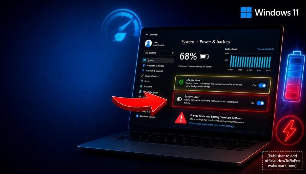 windows 11 24h2 energy saver vs battery saver issues displayed on laptop screen with settings menu