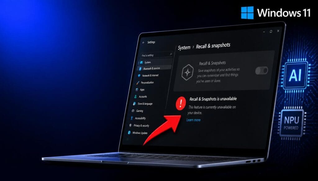 windows 11 24h2 recall feature not working displayed on laptop screen with error message