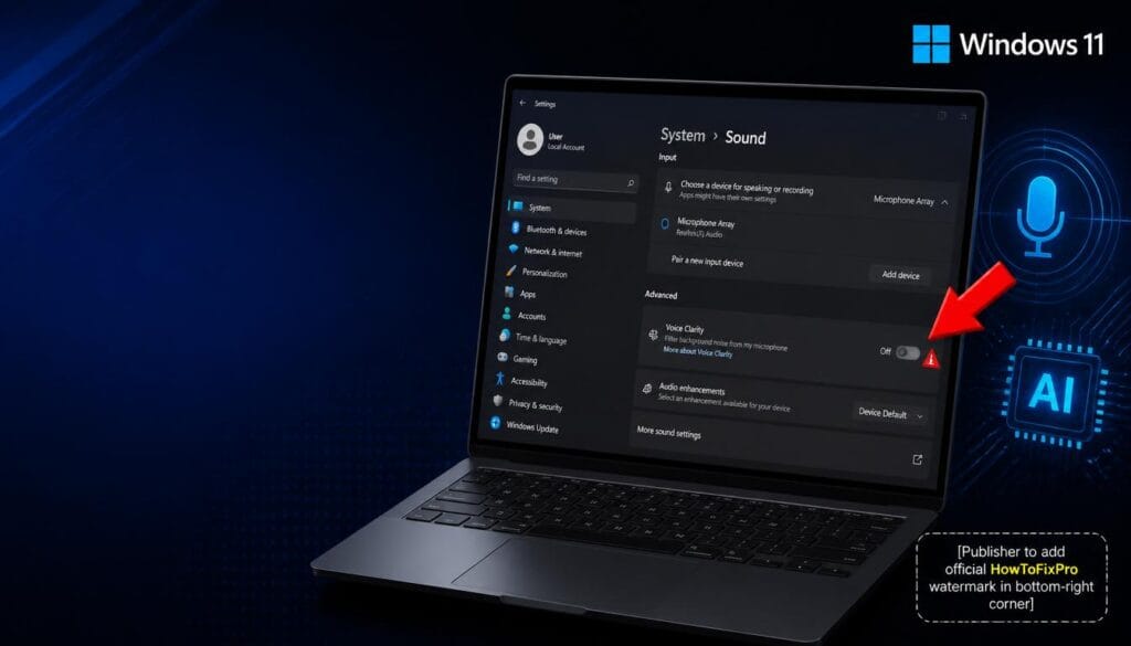 windows 11 24h2 voice clarity not working displayed on laptop screen with greyed-out toggle