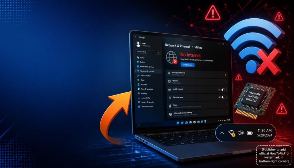Windows 11 24H2 WiFi issues guide showing no internet error and network troubleshooting graphics.