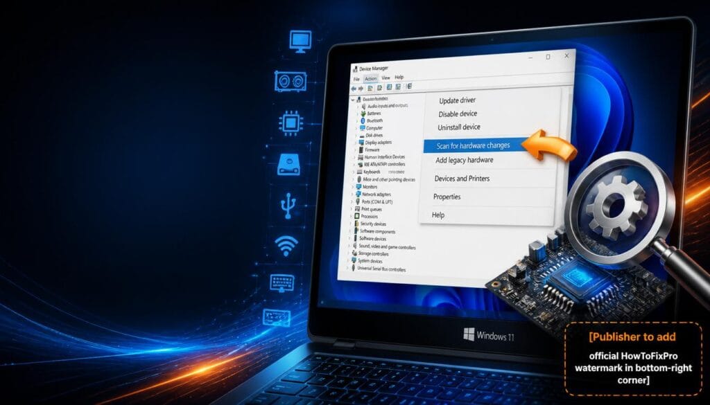 Windows 11 hardware changes scan guide showing Device Manager with Scan for hardware changes option highlighted.