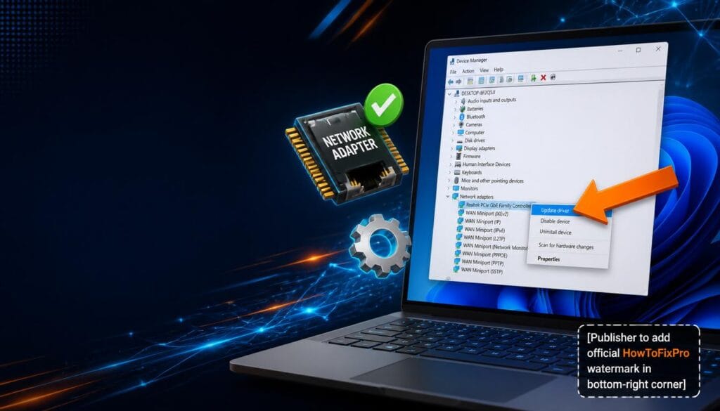 Windows 11 network adapter driver update guide showing Device Manager with Update Driver option highlighted.