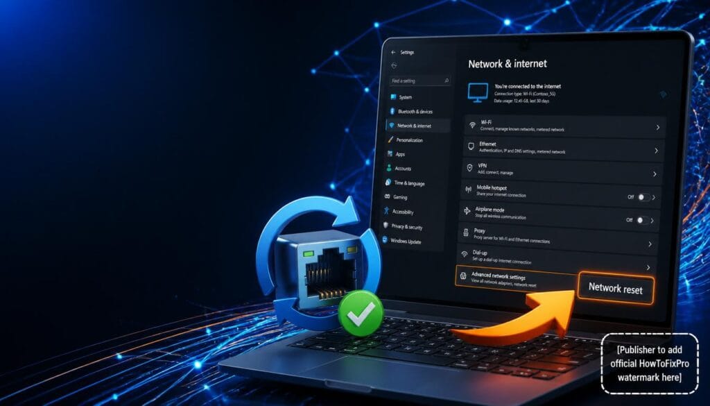 Windows 11 network reset guide showing Settings with Network Reset button highlighted.