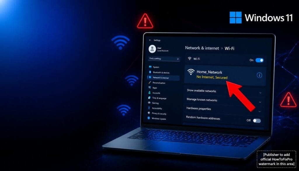 Windows 11 No Internet Secured Wi-Fi Error displayed in network settings with warning icon
