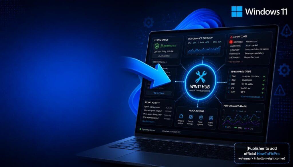 windows 11 troubleshooting hub displayed on laptop with error codes, performance graphs, and hardware icons