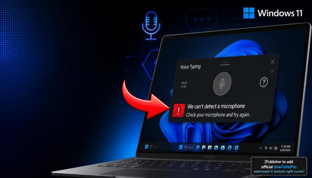 windows 11 voice typing not working displayed on laptop screen with error message