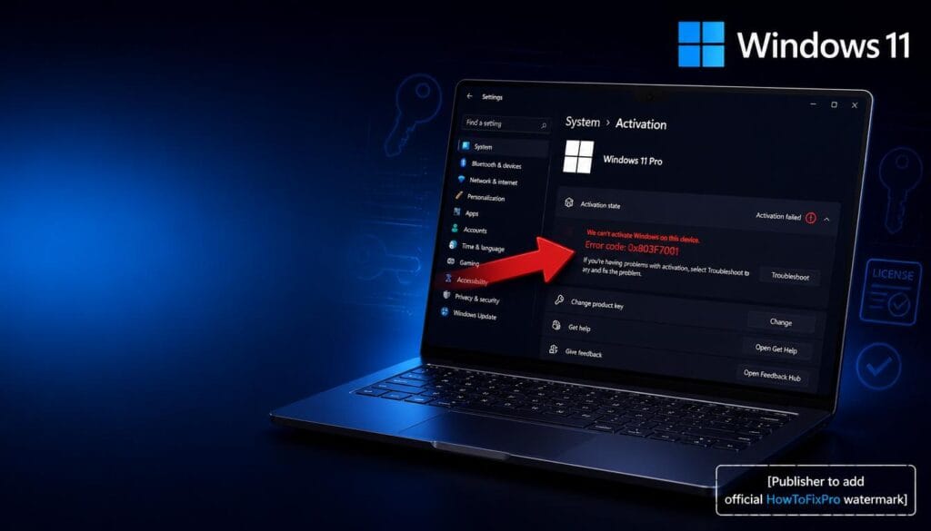 Windows Activation Error 0x803F7001 displayed on Windows 11 settings page with activation failure notification
