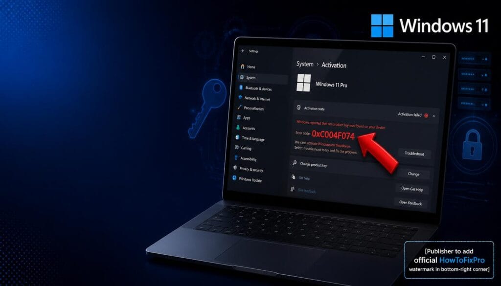 Windows Activation Error 0xC004F074 displayed on Windows 11 settings page with activation failure notification