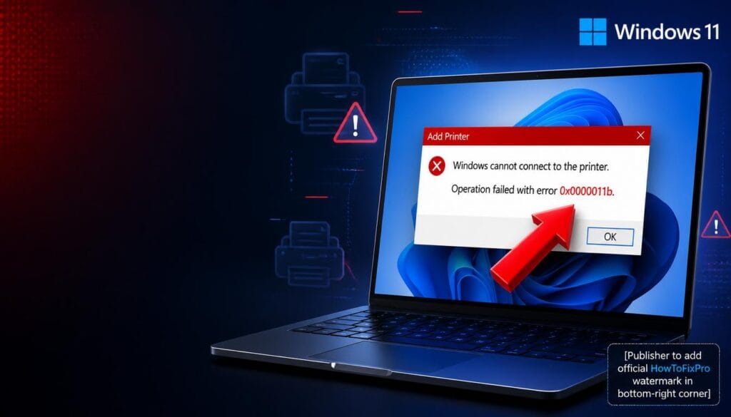 Windows Cannot Connect to Printer Error 0x0000011b displayed on Windows 11 with connection failure notification