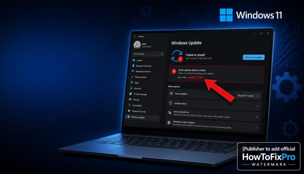 Windows Cumulative Update Failure 0x80073701 error displayed on Windows 11 settings with failed update notification