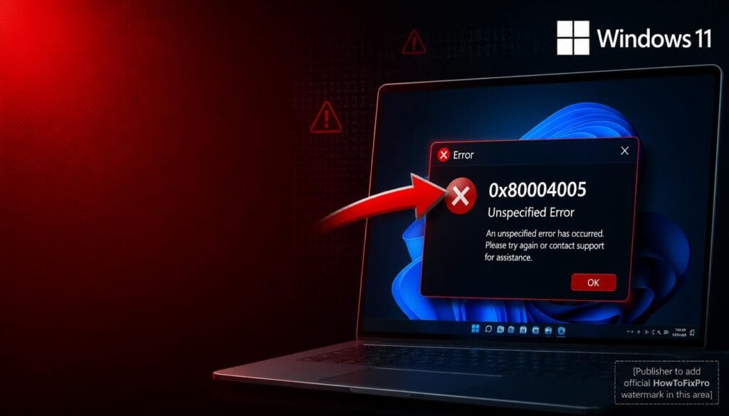 Windows Error 0x80004005 (Unspecified Error) dialog box displayed on Windows 11 with error notification