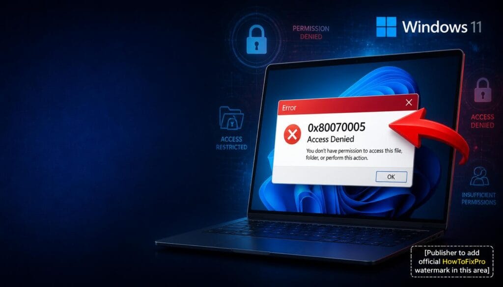 Windows Error 0x80070005 (Access Denied / Permission Error) dialog box displayed on Windows 11 with access denied notification