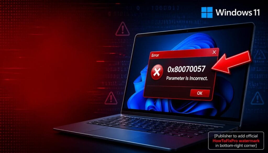 Windows Error 0x80070057 (Parameter Is Incorrect) dialog box displayed on Windows 11 with error notification