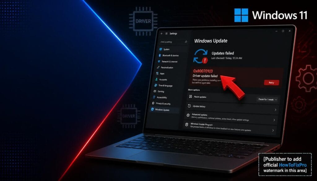 Windows Error 0x80070103 (Driver Update Error) displayed on Windows 11 settings with driver installation failure