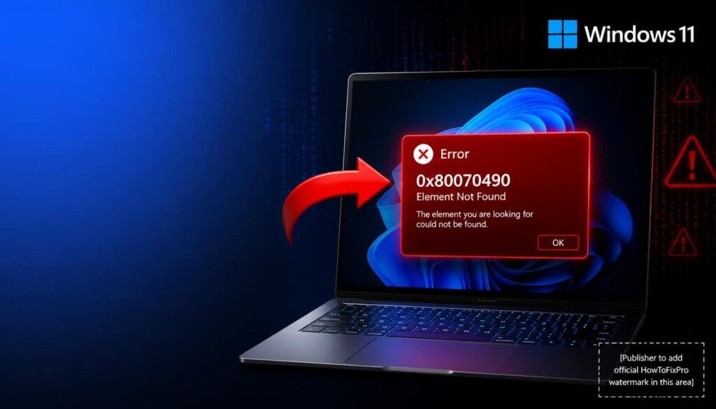 Windows Error 0x80070490 (Element Not Found) dialog box displayed on Windows 11 with error notification