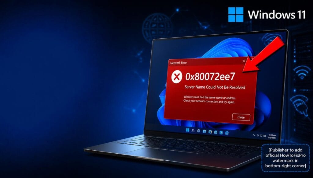 Windows Error 0x80072ee7 (Server Name Could Not Be Resolved) dialog box displayed on Windows 11 with DNS resolution error