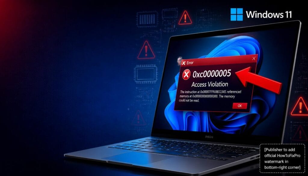 Windows Error 0xc0000005 (Access Violation) dialog box displayed on Windows 11 with memory access error notification