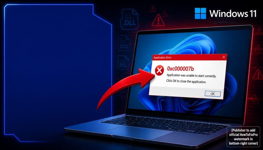 Windows Error 0xc000007b (Application Was Unable to Start) dialog box displayed on Windows 11 with application launch error
