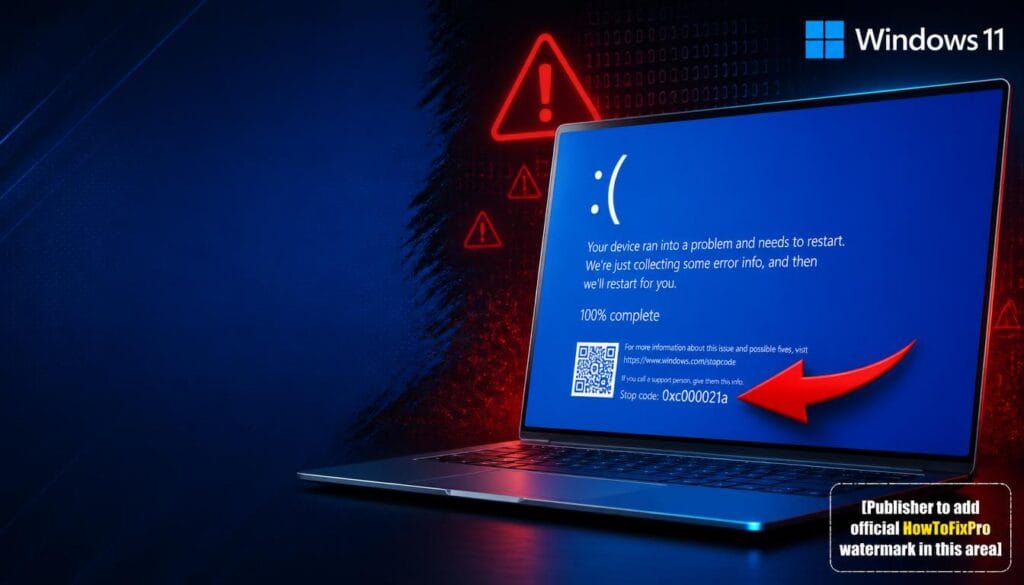 Windows Error 0xc000021a Blue Screen Crash displayed on Windows 11 with stop code and sad face