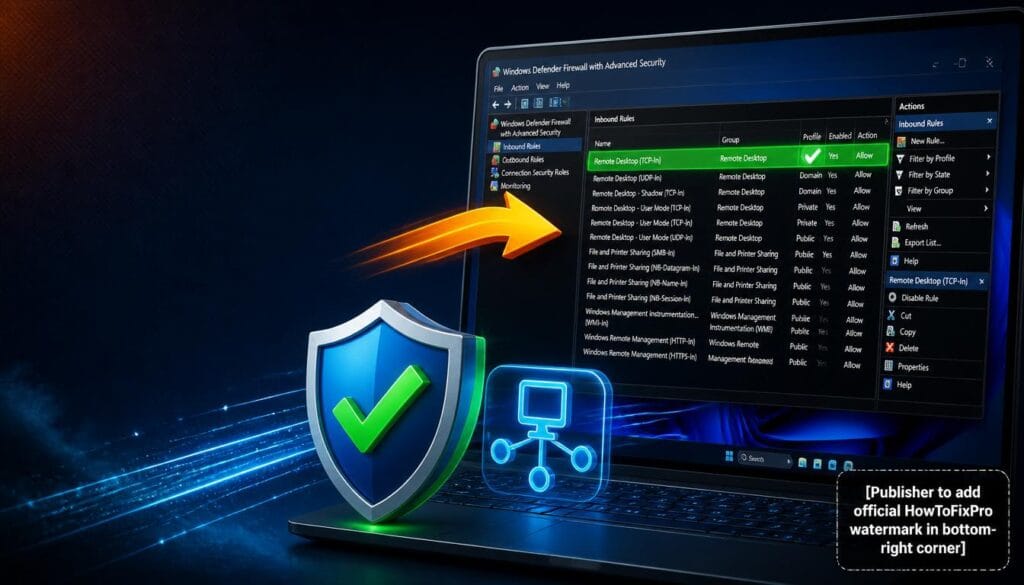 Windows Firewall Remote Desktop block fix guide showing Inbound Rules with RDP rule enabled.