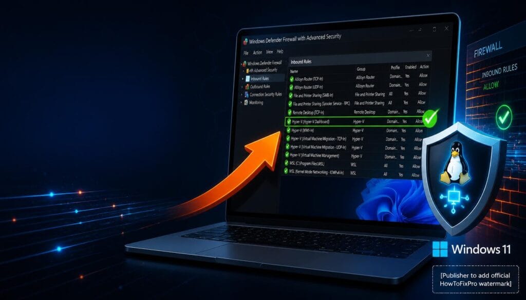 Windows Firewall WSL traffic fix guide showing Hyper-V firewall rules and troubleshooting graphics.
