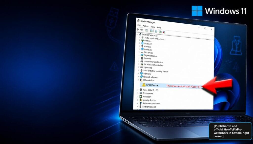 Windows "This device cannot start (Code 10)" USB Error displayed in Device Manager with yellow exclamation mark