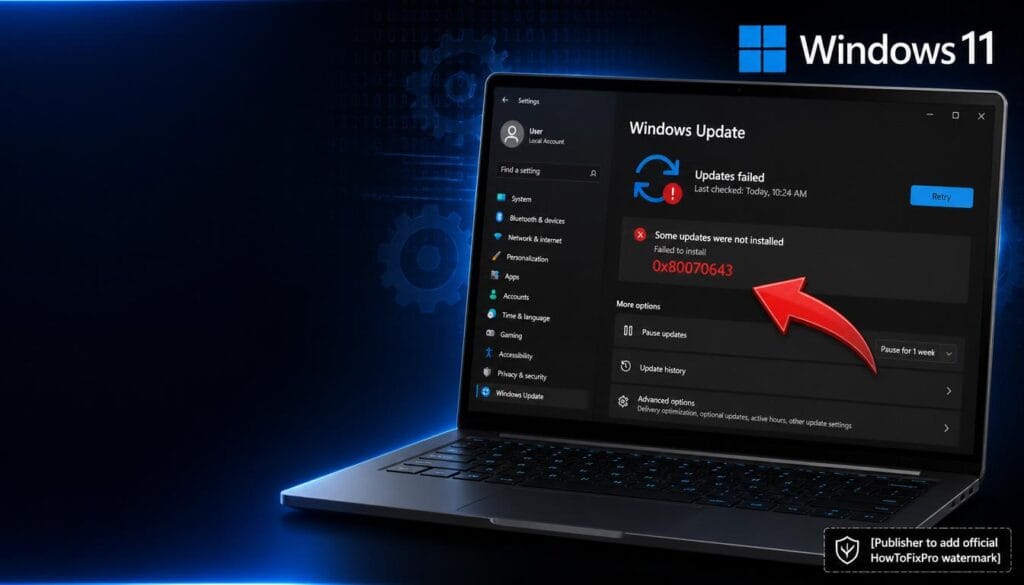 Windows Update Error 0x80070643 displayed on Windows 11 settings with failed update notification