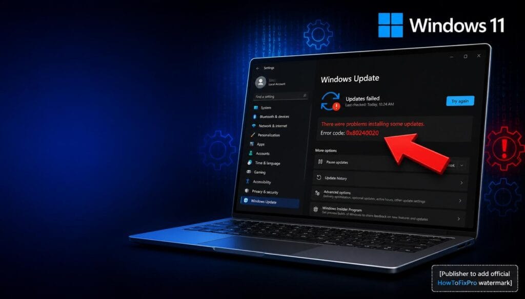 Windows Update Error 0x80240020 displayed on Windows 11 settings page with failed update notification