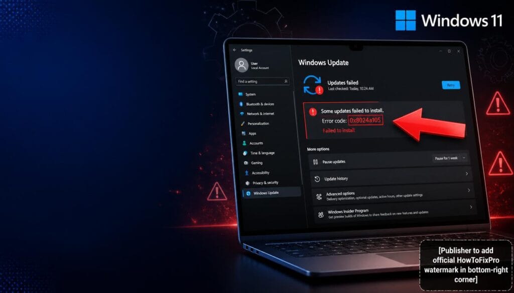 Windows Update Error 0x8024a105 displayed on Windows 11 settings with failed update notification