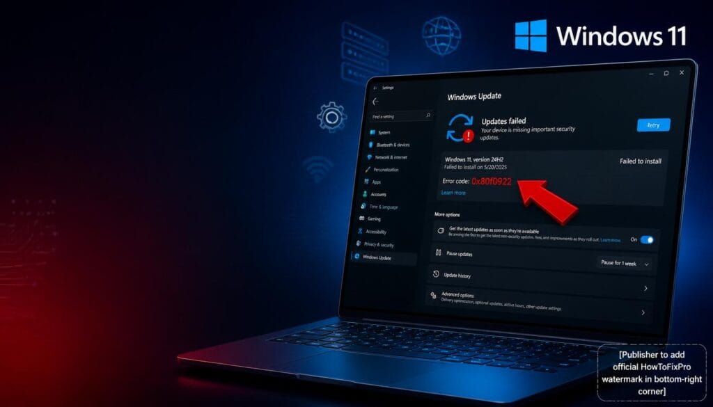 Windows Update Error 0x80f0922 displayed on Windows 11 settings with failed update notification