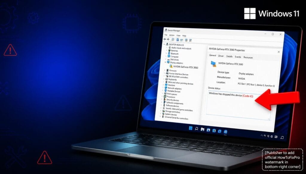 Windows "Windows has stopped this device (Code 43)" error displayed in Device Manager with yellow exclamation mark