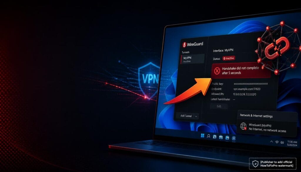 WireGuard handshake failed fix guide showing error message and VPN troubleshooting graphics.