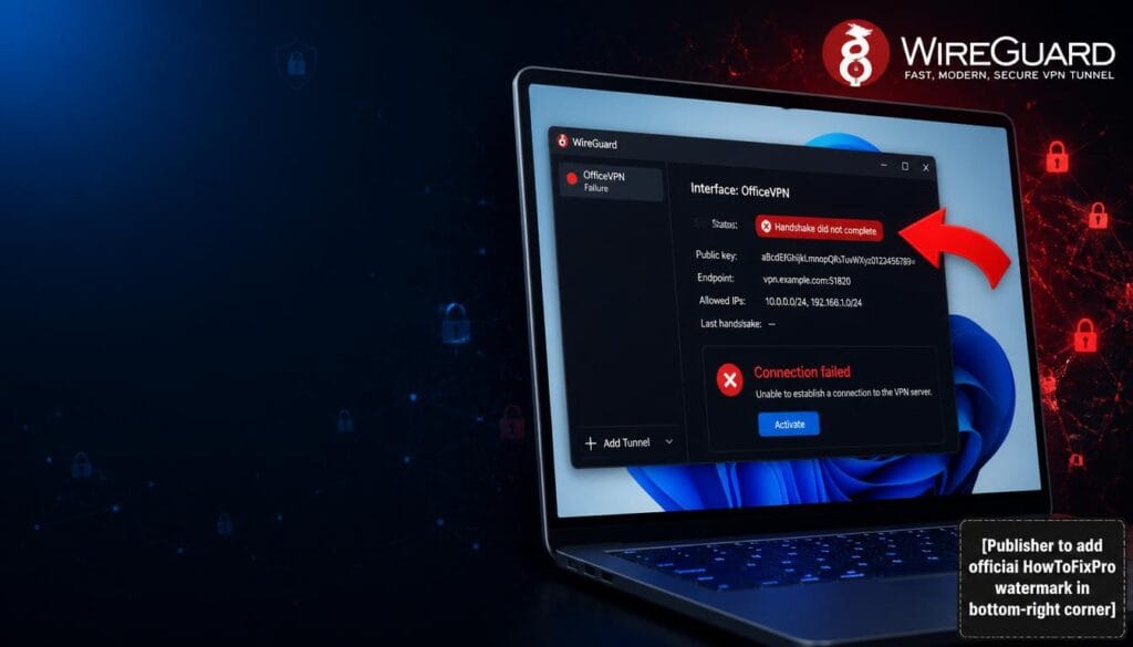 WireGuard VPN Not Connecting on Windows 11 error displayed in VPN client with handshake failure