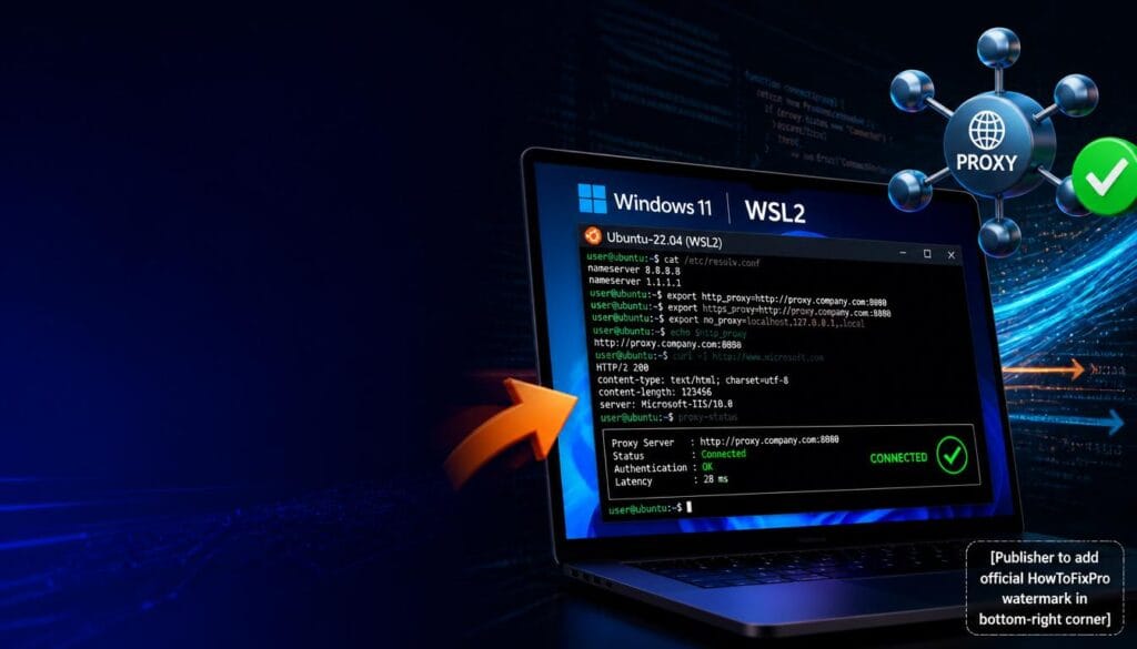 WSL2 proxy configuration guide showing terminal commands and connection status.