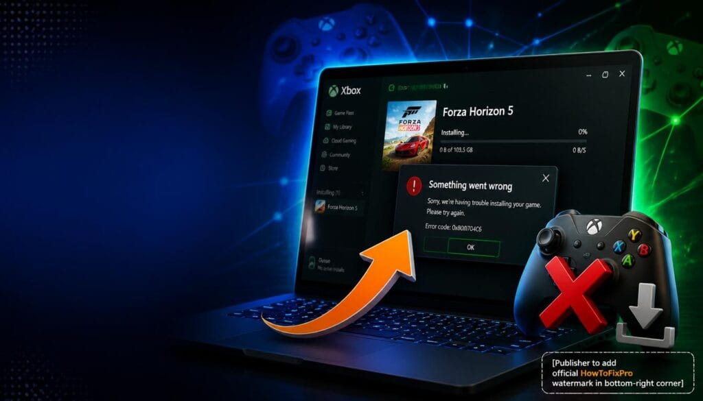 Xbox app games not installing fix guide showing game installation error and troubleshooting graphics.