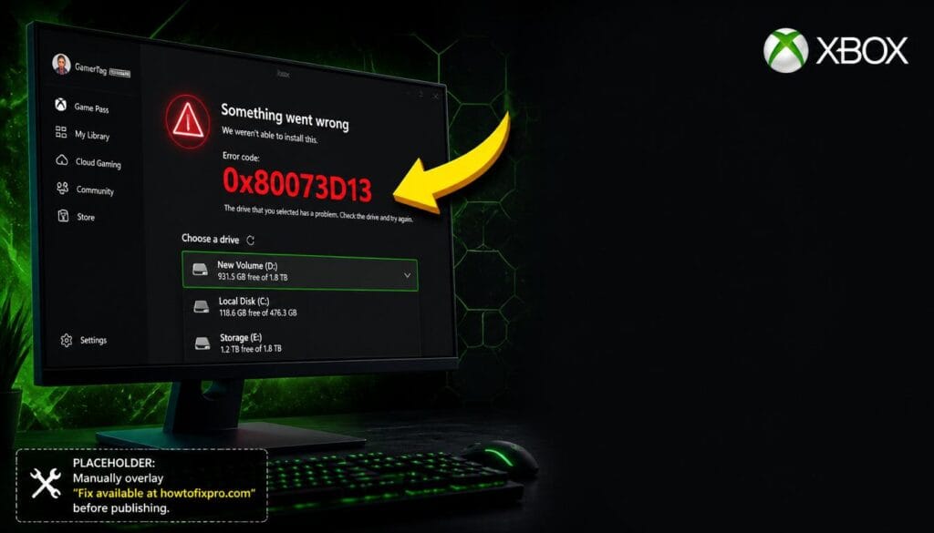 Xbox Game Pass error 0x80073D13 drive selection issue displayed on a gaming monitor with a red error code.