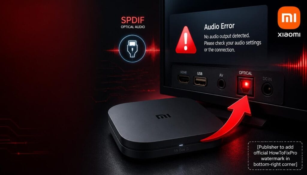 xiaomi mi box s red light optical audio no sound displayed on device with glowing red optical port