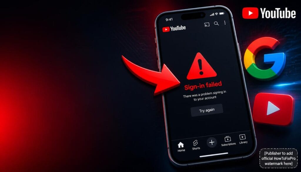 youtube app sign-in error displayed on smartphone screen with error message